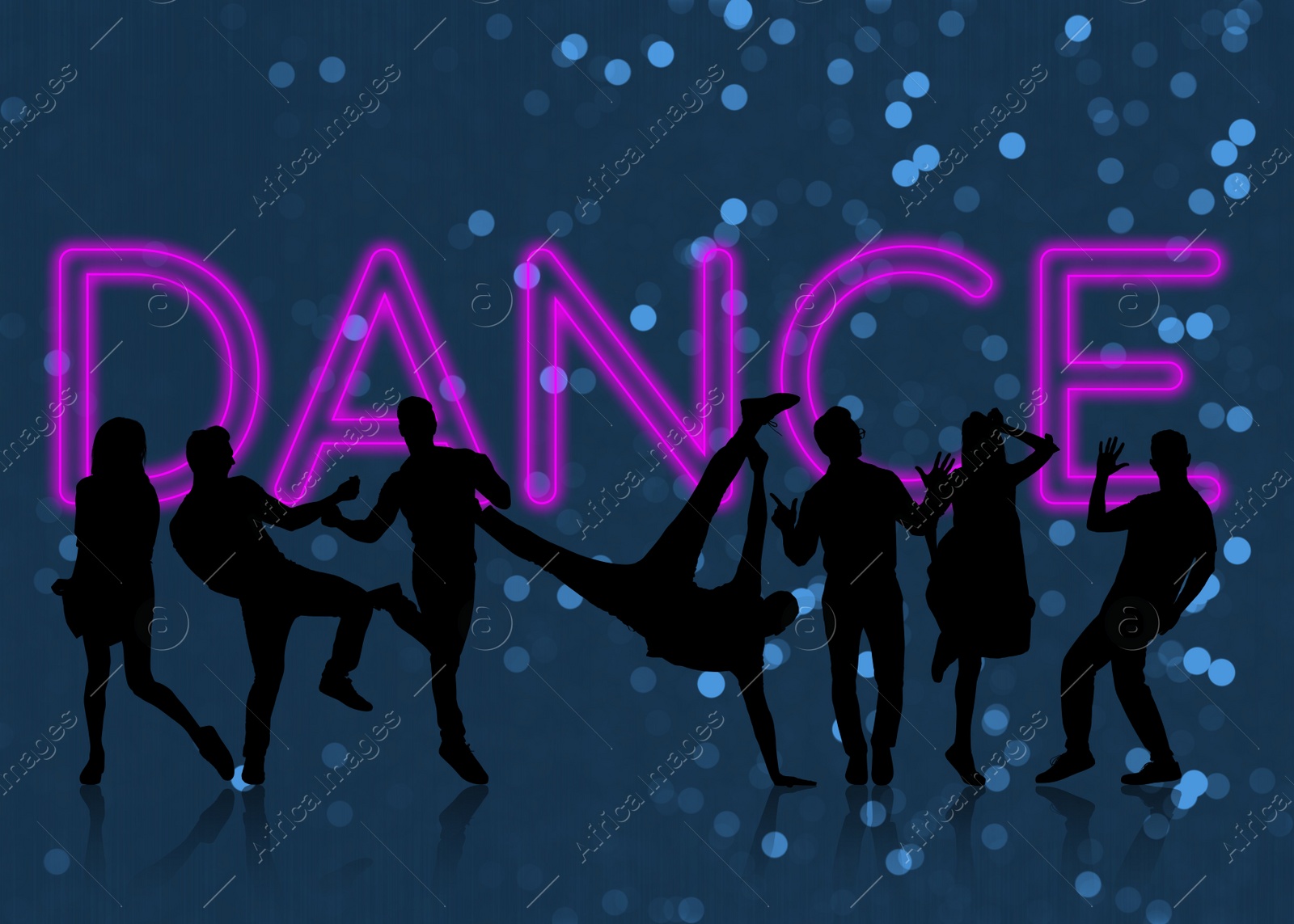 Illustration of Silhouettes of people dancing on blue background, bokeh effect. Illustration