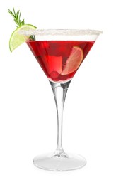Photo of Tasty cranberry cocktail with lime, sugar and rosemary in glass isolated on white