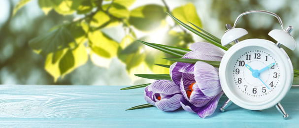 White alarm clock and flowers on blue wooden table against blurred background, space for text. Spring time