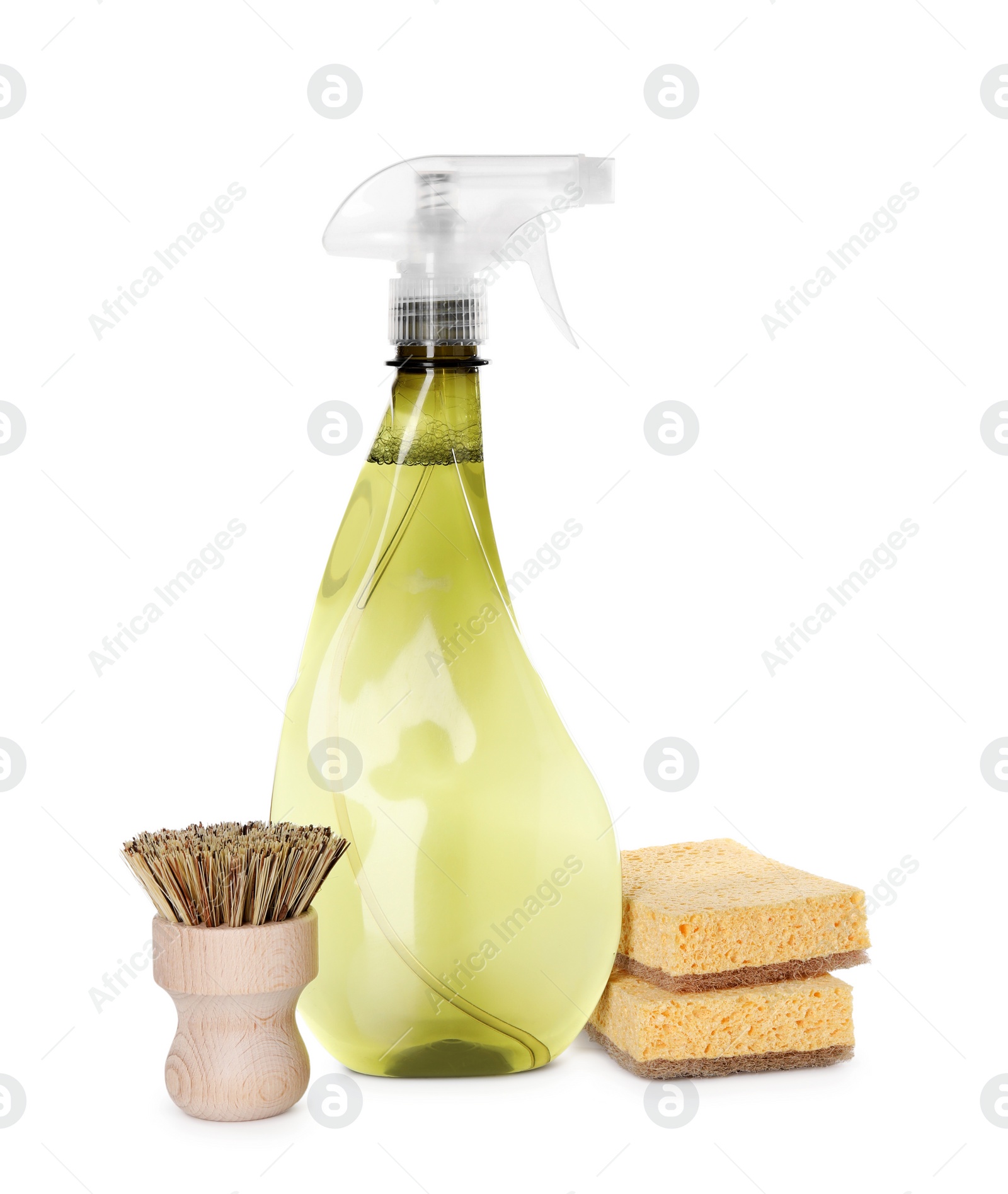 Photo of Spray bottle of cleaning product, brush and sponges isolated on white