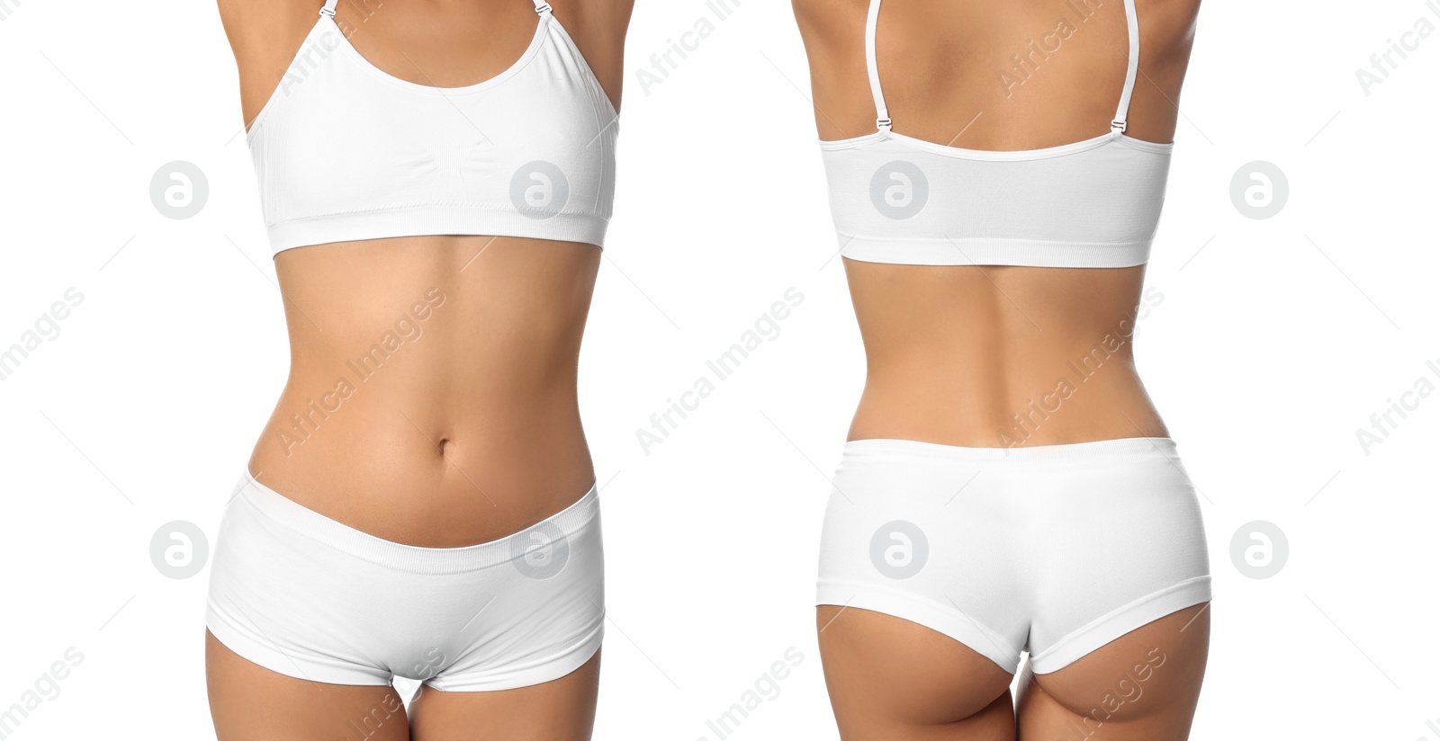 Image of Photos of young woman with smooth skin after epilation on white background, closeup