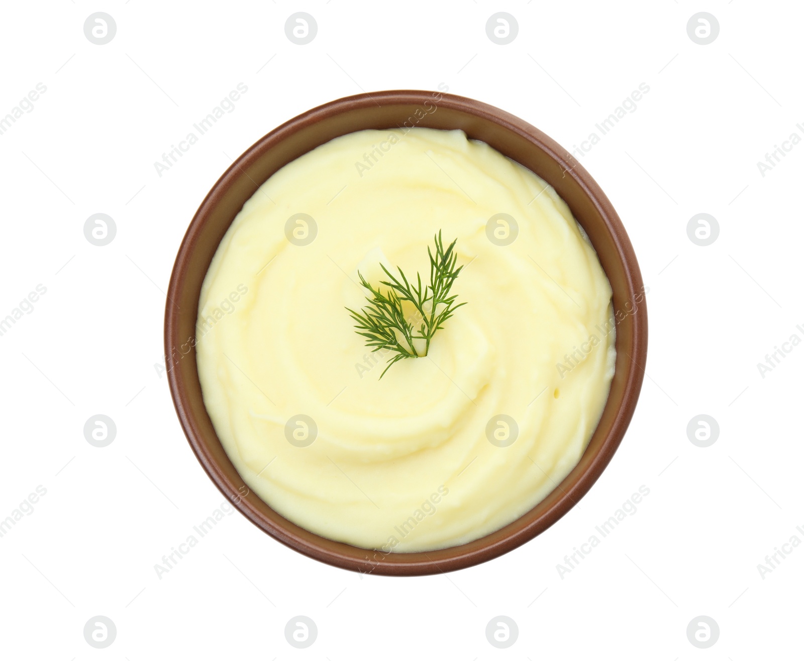 Photo of Bowl with freshly cooked homemade mashed potatoes isolated on white, top view