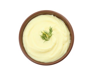 Bowl with freshly cooked homemade mashed potatoes isolated on white, top view