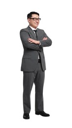 Businessman in suit wearing glasses on white background