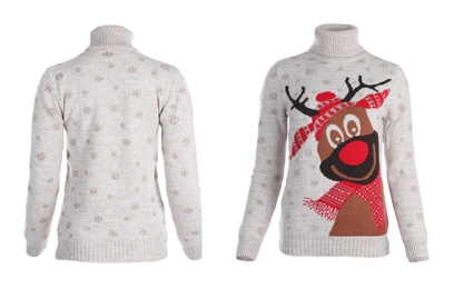 Christmas sweater on white background, front and back sides
