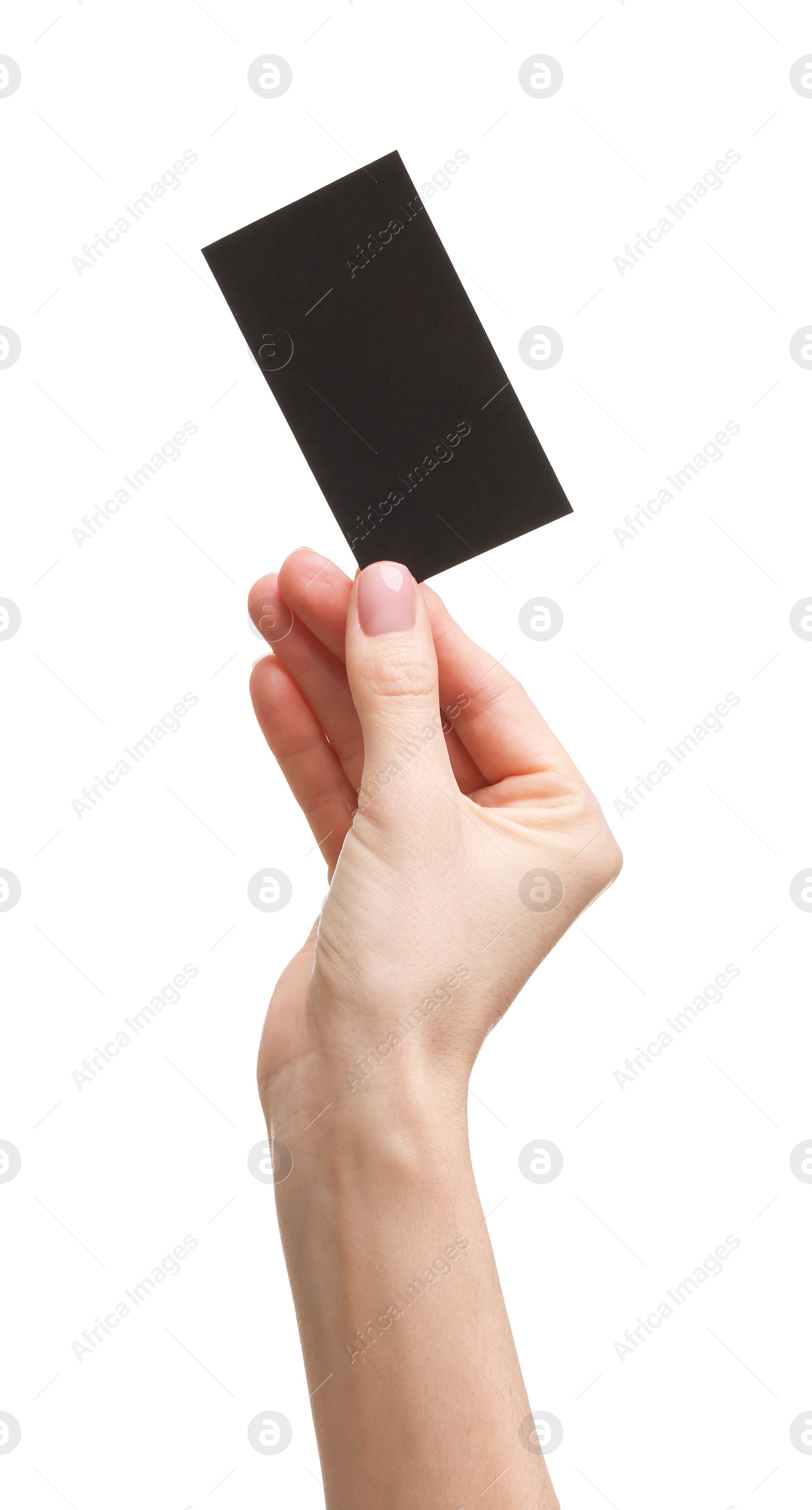 Photo of Woman holding blank business card on white background, closeup. Space for text