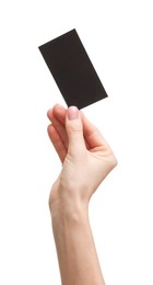 Woman holding blank business card on white background, closeup. Space for text