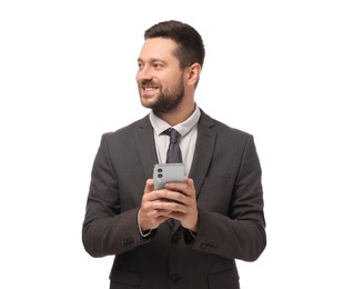 Happy man sending message via smartphone on white background