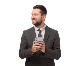 Photo of Happy man sending message via smartphone on white background