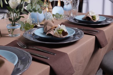 Photo of Elegant table setting with beautiful floral decor