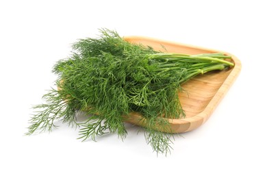 Photo of Wooden board with fresh dill isolated on white