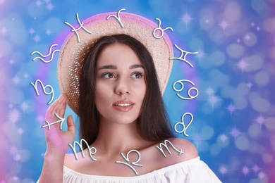 Image of Beautiful young woman and illustration of zodiac wheel with astrological signs on color background