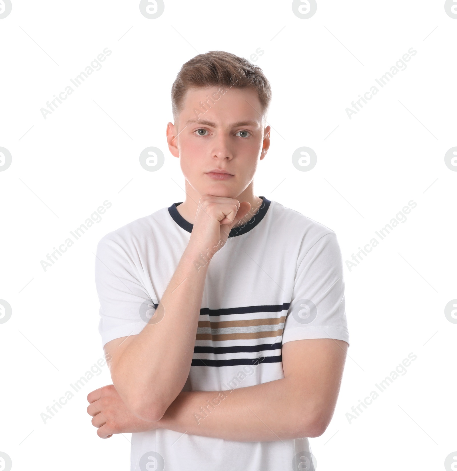 Photo of Portrait of thoughtful teenage boy on white background