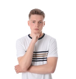 Photo of Portrait of thoughtful teenage boy on white background