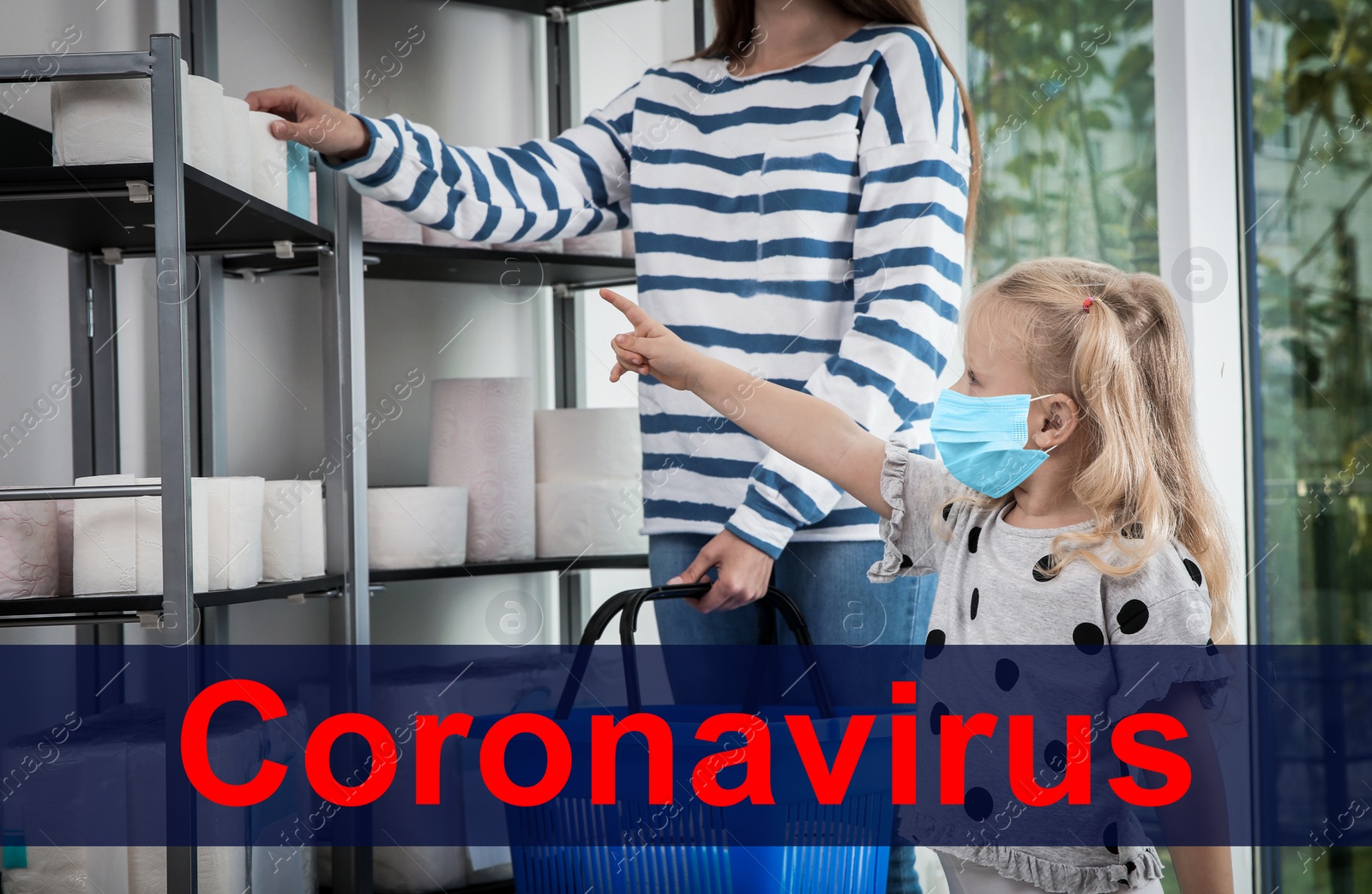 Image of Little girl with medical mask and mother buying toilet paper in shop. Panic of coronavirus outbreak