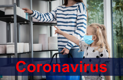 Image of Little girl with medical mask and mother buying toilet paper in shop. Panic of coronavirus outbreak