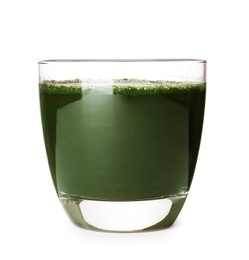 Glass of spirulina drink on white background