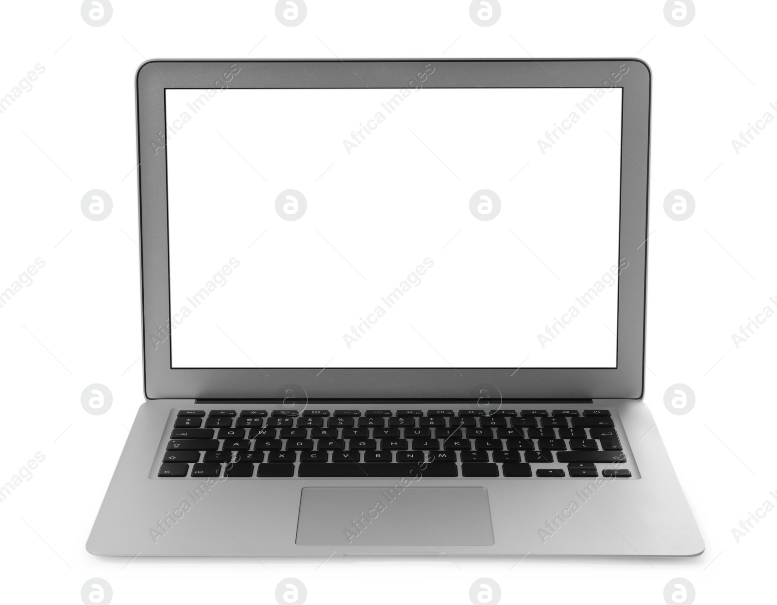 Photo of Modern laptop with blank screen isolated on white