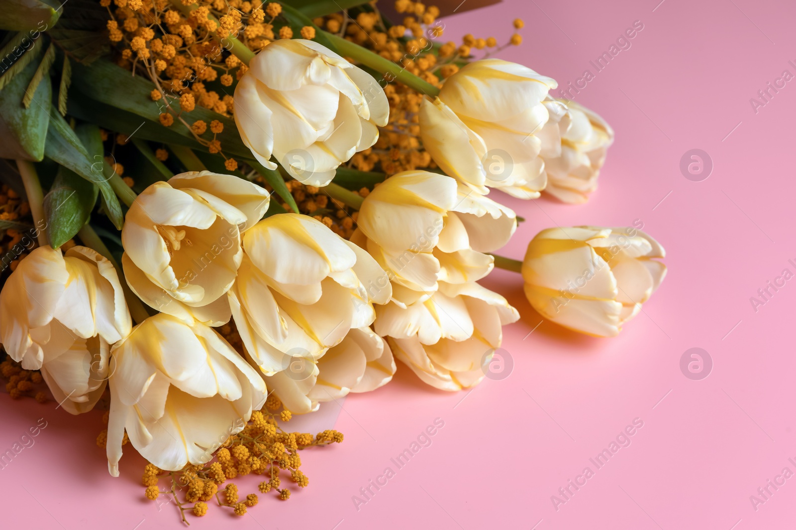 Photo of Bouquet with beautiful tulips and mimosa flowers on pink background