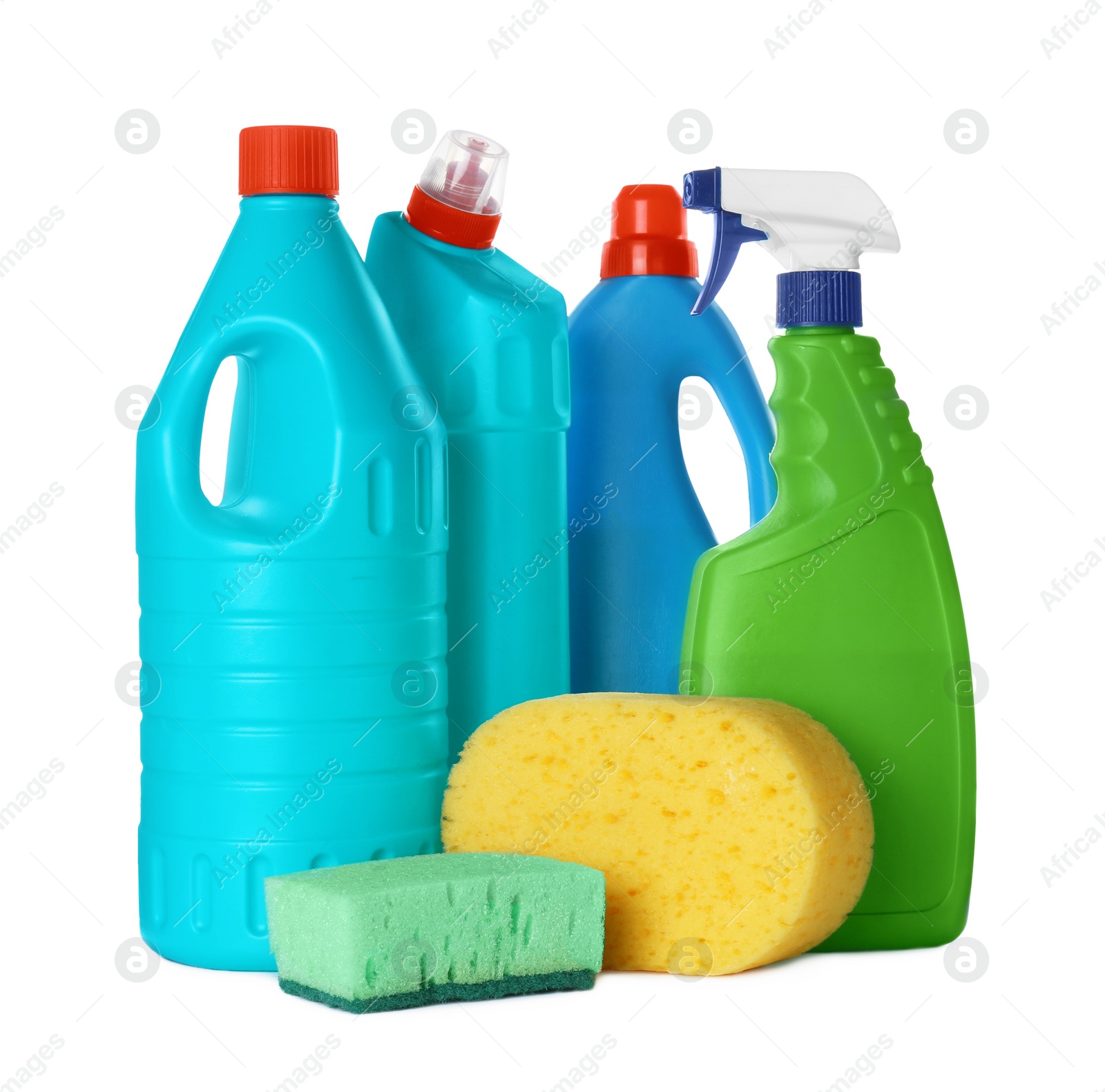 Photo of Different cleaning supplies and tools on white background