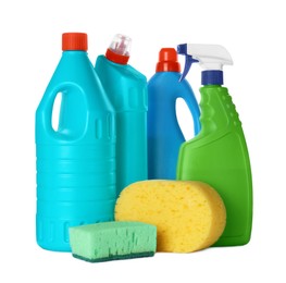 Photo of Different cleaning supplies and tools on white background