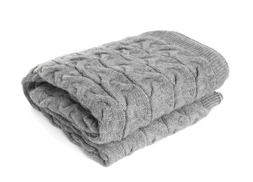 Photo of Stylish grey knitted plaid on white background