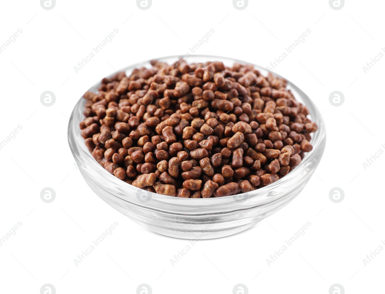 Photo of Glass bowl with buckwheat tea granules on white background