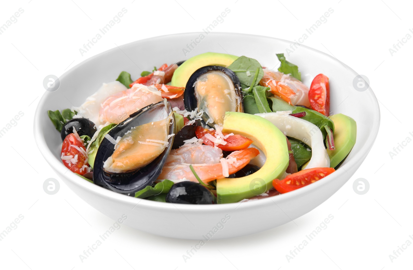 Photo of Bowl of delicious salad with seafood isolated on white