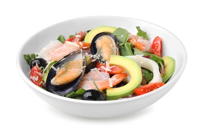 Bowl of delicious salad with seafood isolated on white