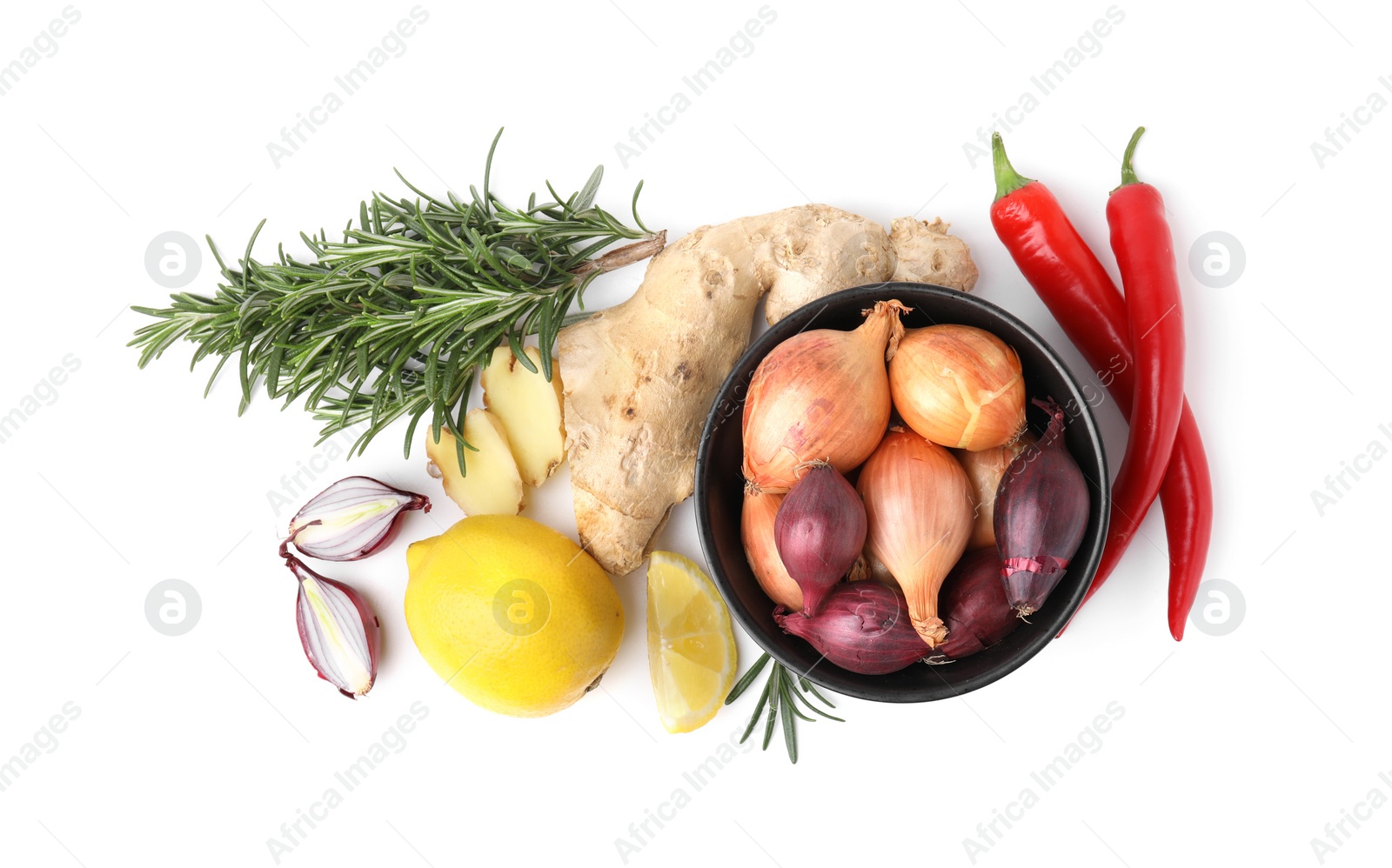 Photo of Different fresh ingredients for marinade on white background, top view