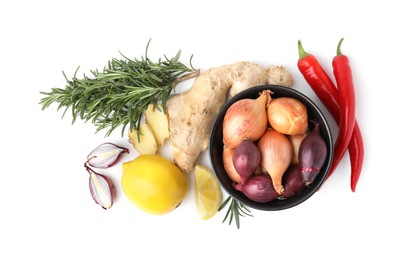 Different fresh ingredients for marinade on white background, top view