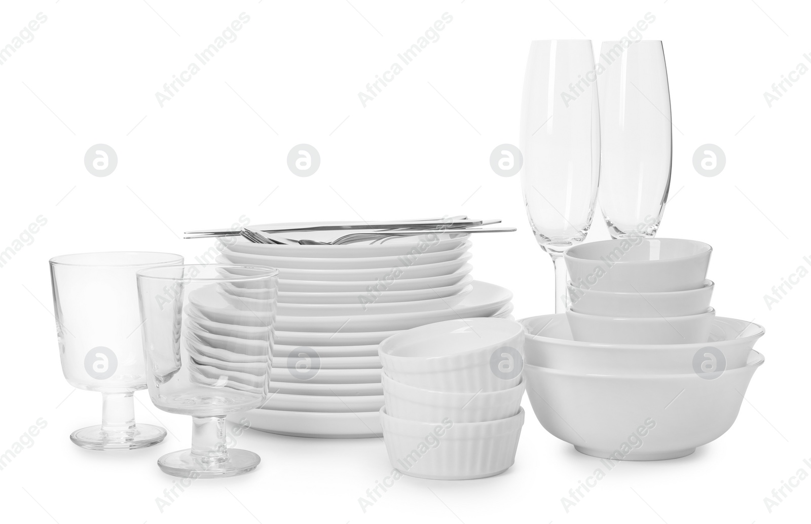 Photo of Set of clean tableware on white background. Washing dishes