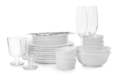 Photo of Set of clean tableware on white background. Washing dishes