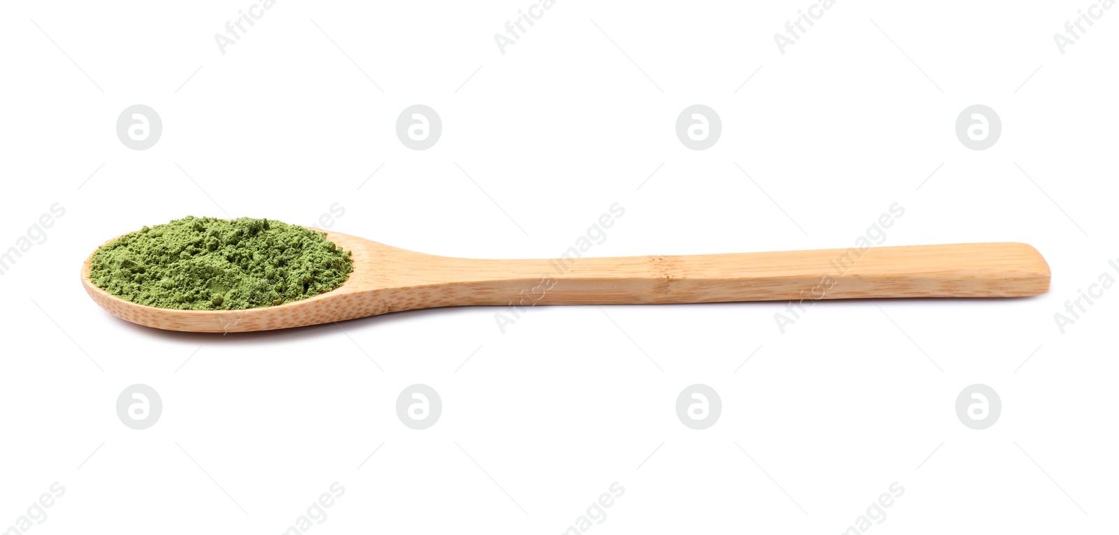 Photo of Spoon of green matcha powder isolated on white