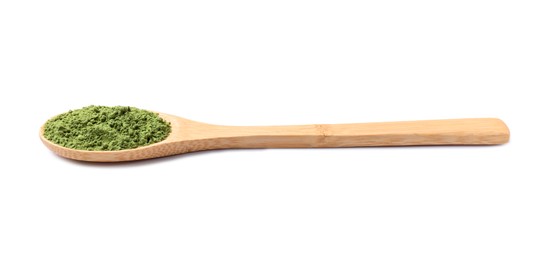 Spoon of green matcha powder isolated on white