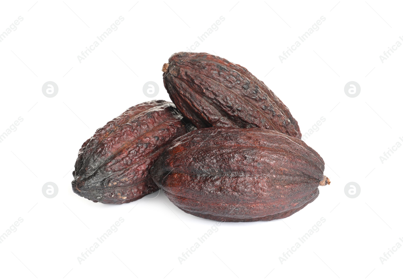 Photo of Whole tropical cocoa pods isolated on white