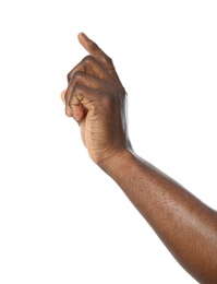 African-American man pointing at something on white background, closeup