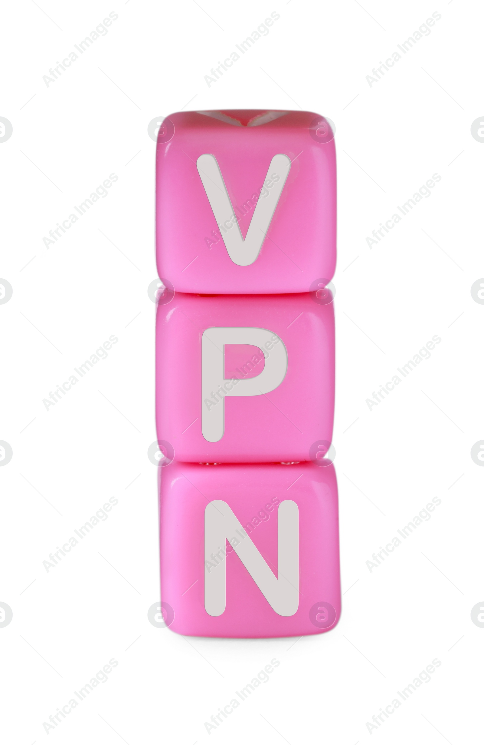 Photo of Pale pink beads with acronym VPN on white background