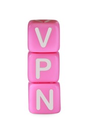 Photo of Pale pink beads with acronym VPN on white background
