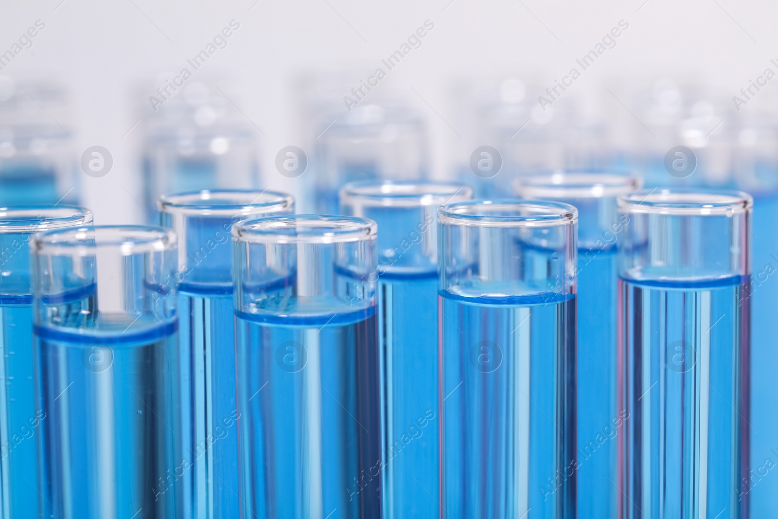 Photo of Test tubes with blue reagents on light background, closeup. Laboratory analysis