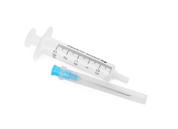 New medical syringe with needle isolated on white, top view