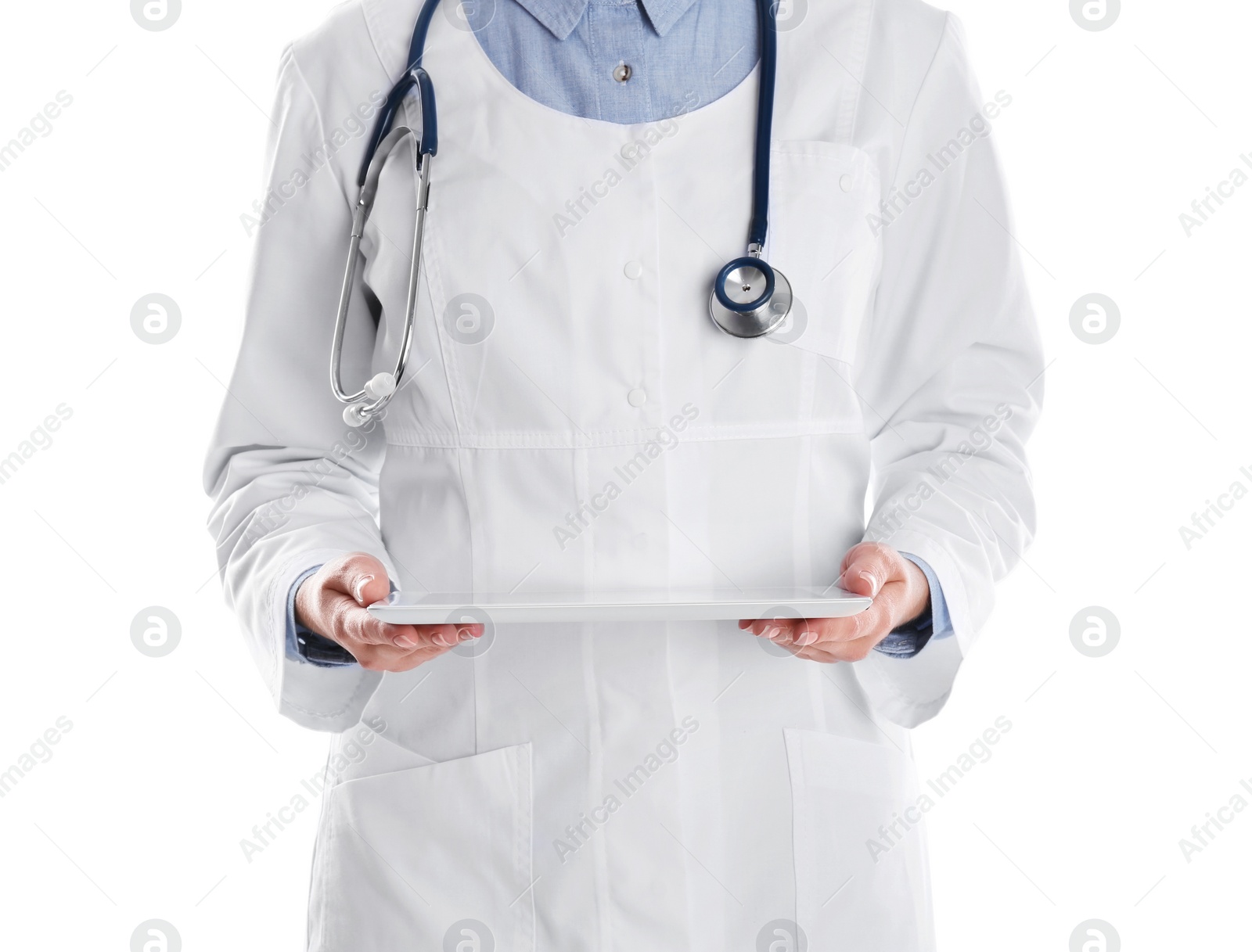 Photo of Female doctor holding modern tablet on white background, closeup