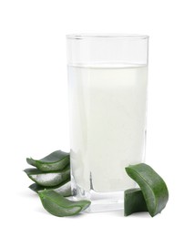 Photo of Fresh aloe juice in glass and cut leaves isolated on white