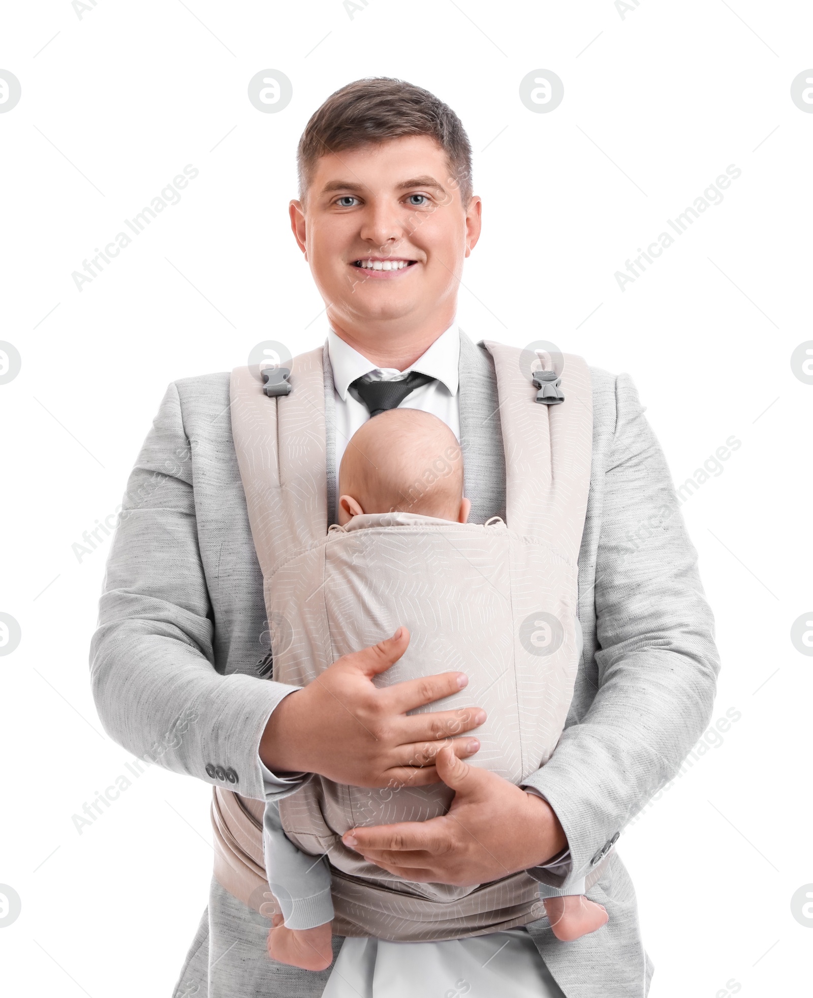 Photo of Father holding his child in baby carrier on white background