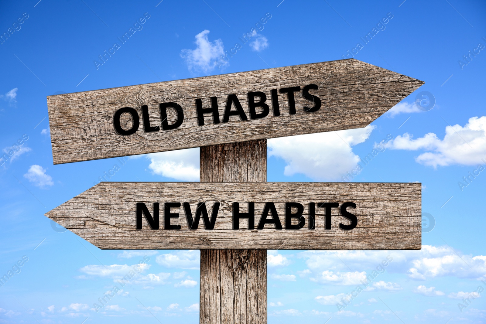 Image of Signpost with two opposite directions to Old and New Habits outdoors