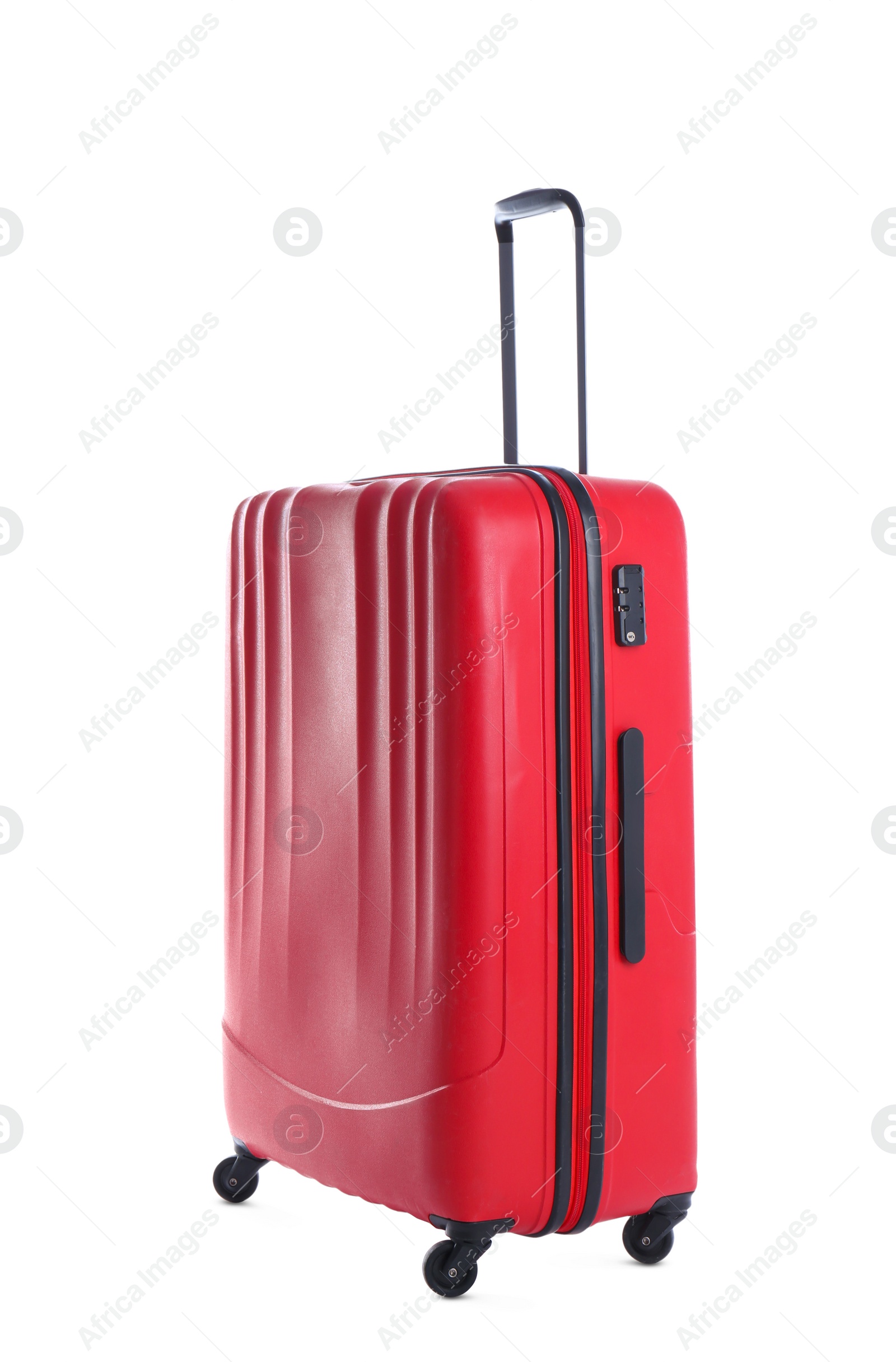 Photo of Red suitcase for travelling on white background