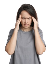 Photo of Mature woman suffering from headache on white background