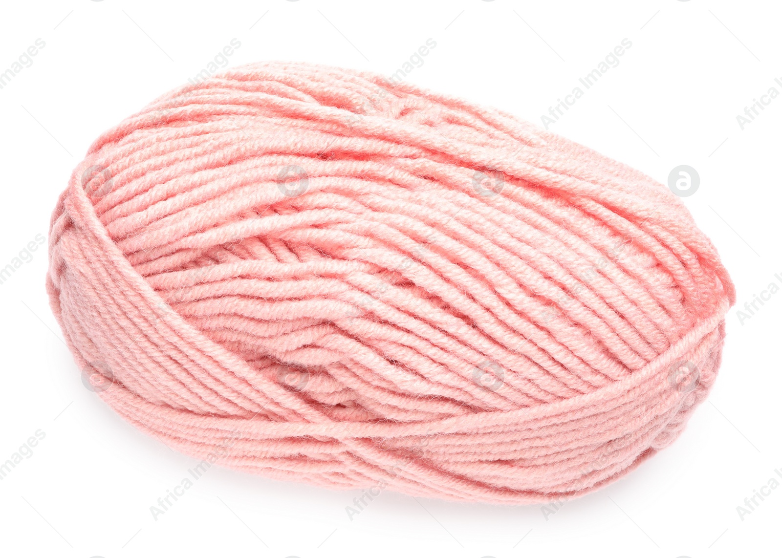 Photo of Pink woolen yarn isolated on white, top view