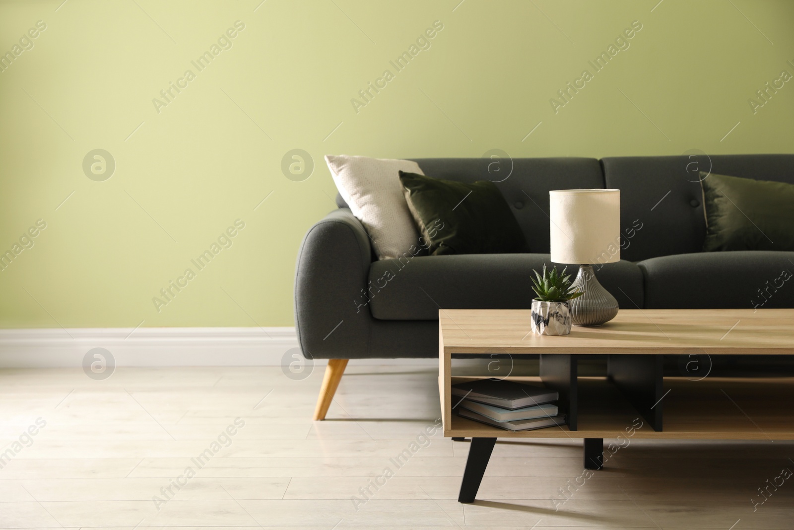 Photo of Stylish comfortable sofa in room, space for text. Interior design