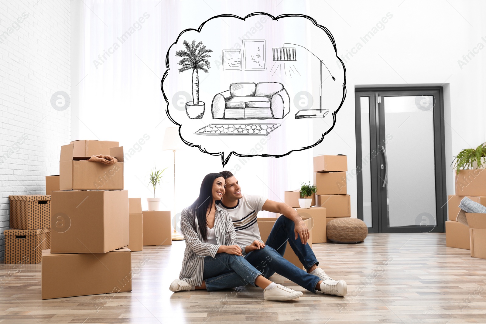 Image of Moving to new house. Happy couple imagining living room arrangement. Illustrated interior design 